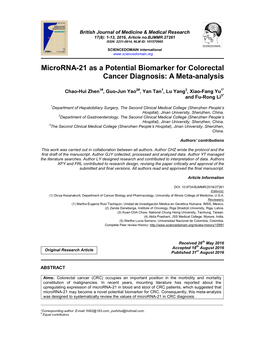 Microrna-21 As a Potential Biomarker for Colorectal Cancer Diagnosis: a Meta-Analysis