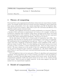 Lecture 1: Introduction 1 Theory of Computing 2 Model of Computation