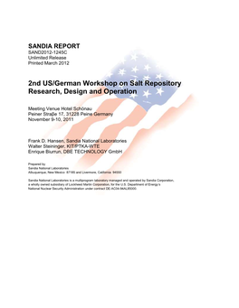 2Nd US/German Workshop on Salt Repository Research, Design and Operation