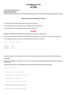 ANSWERED ON:19.08.2004 EXCAVATION PROJECTS Adsul Shri Anandrao Vithoba;Barad Shri Jashubhai Dhanabhai;Gamang Shri Giridhar;Panda Shri Brahmananda;Singh Shri Ganesh