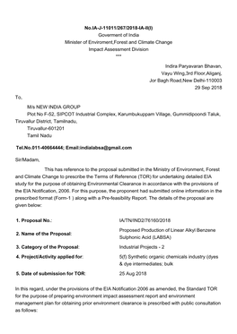 No.IA-J-11011/267/2018-IA-II(I) Goverment of India Minister of Enviroment,Forest and Climate Change Impact Assessment Division ***