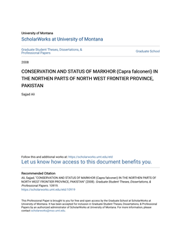 CONSERVATION and STATUS of MARKHOR (Capra Falconeri) in the NORTHEN PARTS of NORTH WEST FRONTIER PROVINCE, PAKISTAN