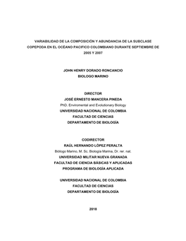 Variabilidad De La Composición Y Abundancia De La Subclase Copepoda En El Océano Pacifico Colombiano Durante Septiembre De 2005 Y 2007