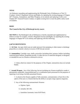 TITLE an Ordinance Amending and Supplementing the Pittsburgh Code of Ordinances at Title VI: Conduct, Article I: Regulated Actio