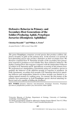 Defensive Behavior in Primary- and Secondary-Host Generations of the Soldier-Producing Aphid, Pemphigus Bursarius (Hemiptera: Aphididae)