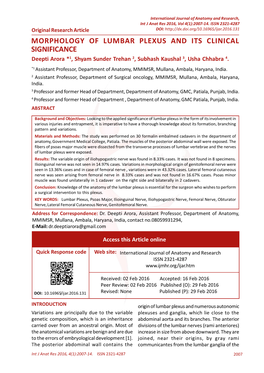 MORPHOLOGY of LUMBAR PLEXUS and ITS CLINICAL SIGNIFICANCE Deepti Arora *1, Shyam Sunder Trehan 2, Subhash Kaushal 3, Usha Chhabra 4