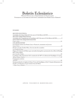 Boletín Eclesiástico Órgano Oficial De La Arquidiócesis De Guadalajara Fundado El 22 De Enero De 1876 Por El Arzobispo Don Pedro Loza Y Pardavé