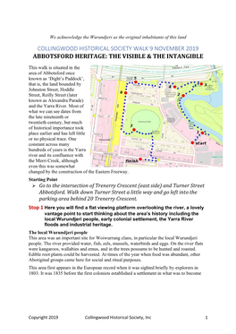 Collingwood Historical Society Walk 9 November 2019 Abbotsford Heritage: the Visible & the Intangible