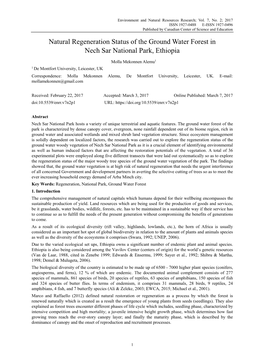 Natural Regeneration Status of the Ground Water Forest in Nech Sar National Park, Ethiopia