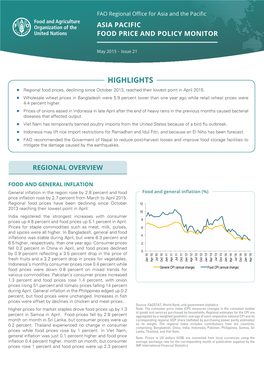 HIGHLIGHTS Zz Regional Food Prices, Declining Since October 2013, Reached Their Lowest Point in April 2015