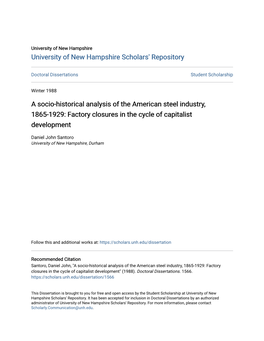 A Socio-Historical Analysis of the American Steel Industry, 1865-1929: Factory Closures in the Cycle of Capitalist Development