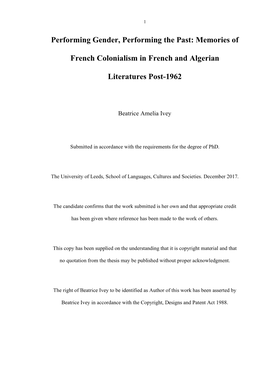 Memories of French Colonialism in French and Algerian Literatures