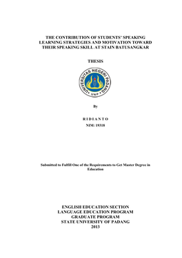 The Contribution of Students' Speaking Learning Strategies and Motivation Toward Their Speaking Skill at Stain Batusangkar