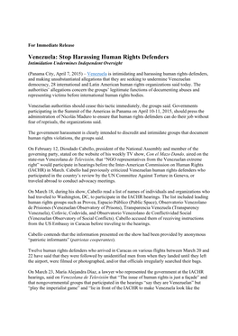 Venezuela: Stop Harassing Human Rights Defenders Intimidation Undermines Independent Oversight