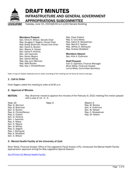 DRAFT MINUTES INFRASTRUCTURE and GENERAL GOVERNMENT APPROPRIATIONS SUBCOMMITTEE Tuesday, June 15, 2021|8:30 A.M.|210 Senate Building