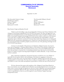 Arlington Delegation Letter to Howell Colgan 091510