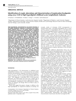 Identification of Cryptic Aberrations and Characterization of Translocation Breakpoints Using Array CGH in High Hyperdiploid Childhood Acute Lymphoblastic Leukemia