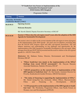 3Rd South-East Asia Forum on Implementation of the Sustainable Development Goals” 03-04 October 2019, Bangkok Programme Outline