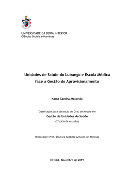 Unidades De Saúde Do Lubango E Escola Médica Face a Gestão Do Aprovisionamento