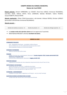 COMPTE RENDU DU CONSEIL MUNICIPAL Séance Du 4 Avril 2019