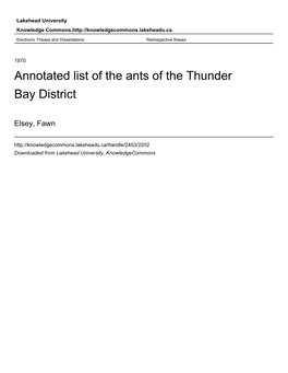 Annotated List of the Ants of the Thunder Bay District