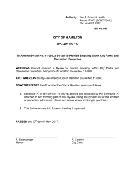 To Amend By-Law No. 11-080, a By-Law to Prohibit Smoking Within City Parks and Recreation Properties