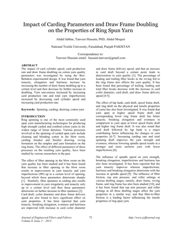 Impact of Carding Parameters and Draw Frame Doubling on the Properties of Ring Spun Yarn