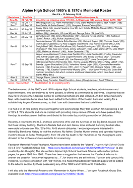 Alpine High School 1960'S & 1970'S Memorial Roster