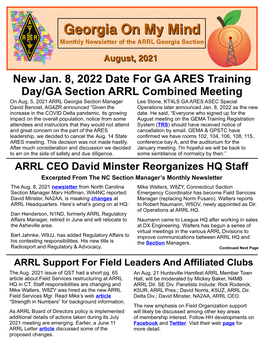 New Jan. 8, 2022 Date for GA ARES Training Day/GA Section ARRL Combined Meeting on Aug