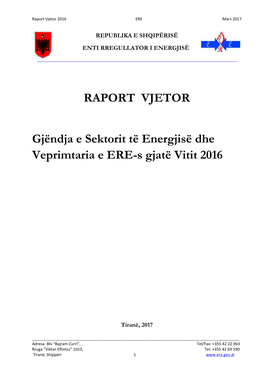 RAPORT VJETOR Gjëndja E Sektorit Të Energjisë Dhe Veprimtaria E ERE