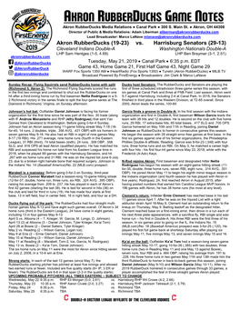 AKRON RUBBERDUCKS GAME NOTES Akron Rubberducks Media Relations ● Canal Park ● 300 S