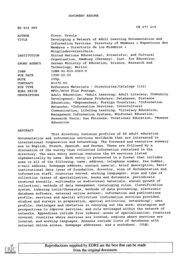 Developing a Network of Adult Learning Documentation and Information Services. Directory of Members= Repertoire Des Membres= Directorio De Los Miembros= Mitgliederverzeichnis