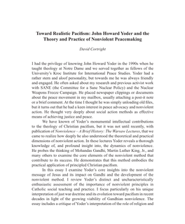 Toward Realistic Pacifism: John Howard Yoder and the Theory and Practice of Nonviolent Peacemaking