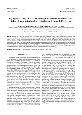 Phylogenetic Analysis of Transparent Gobies in Three Sumatran Lakes, Inferred from Mitochondrial Cytochrome Oxidase I (COI) Gene