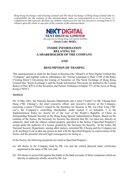 NEXT DIGITAL LIMITED (Incorporated in Hong Kong with Limited Liability) (Stock Code: 00282)