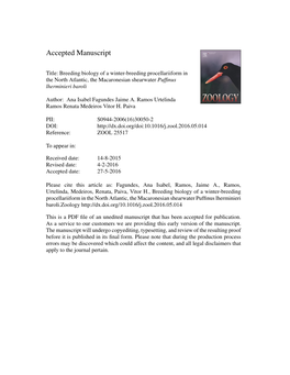 Breeding Biology of a Winter-Breeding Procellariiform in the North Atlantic, the Macaronesian Shearwater Pufﬁnus Lherminieri Baroli