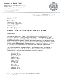 Stevens Creek Quarry Notice of Violation 2017