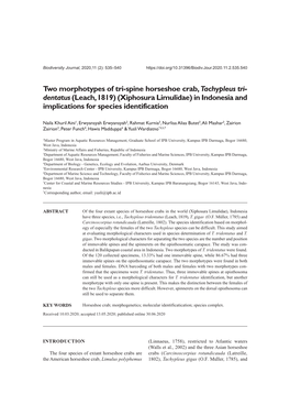 Two Morphotypes of Tri-Spine Horseshoe Crab, Tachypleus Tri- Dentatus (Leach, 1819) (Xiphosura Limulidae) in Indonesia and Implications for Species Identification