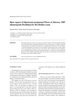 New Report of Aperiovula Juanjosensii Pérez Et Gómez, 1987 (Gastropoda Ovulidae) for the Sicilian Coast