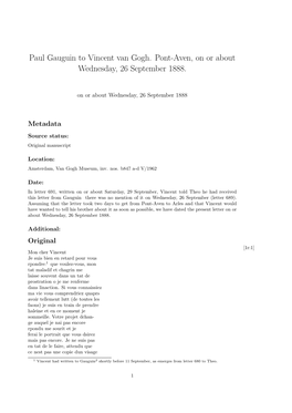 Paul Gauguin to Vincent Van Gogh. Pont-Aven, on Or About Wednesday, 26 September 1888