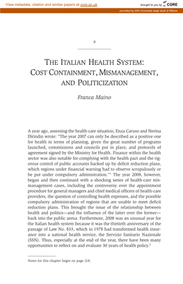 The Italian Health System: Cost Containment, Mismanagement, and Politicization