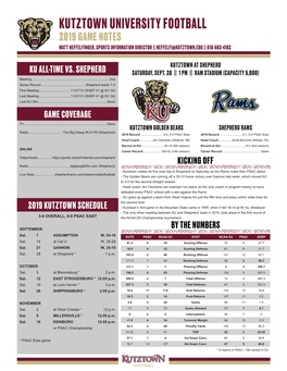 Kutztown University Football 2019 Game Notes Matt Heffelfinger, Sports Information Director || Heffelfi@Kutztown.Edu || 610-683-4182