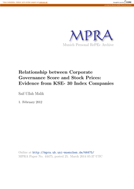 Relationship Between Corporate Governance Score and Stock Prices: Evidence from KSE- 30 Index Companies