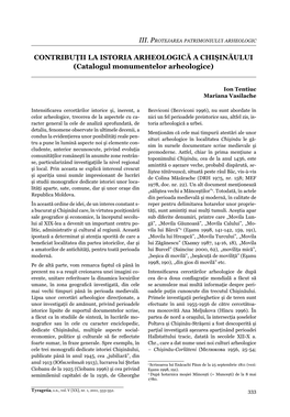 CONTRIBUŢII LA ISTORIA ARHEOLOGICĂ a CHIŞINĂULUI (Catalogul Monumentelor Arheologice)