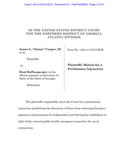 IN the UNITED STATES DISTRICT COURT for the NORTHERN DISTRICT of GEORGIA ATLANTA DIVISION Plaintiffs' Motion for a Prelimina