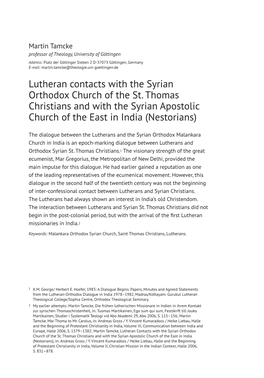 Lutheran Contacts with the Syrian Orthodox Church of the St. Thomas Christians and with the Syrian Apostolic Church of the East in India (Nestorians)