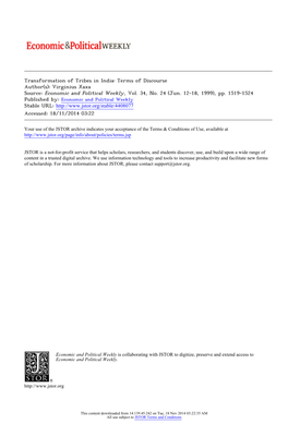 Transformation of Tribes in India: Terms of Discourse Author(S): Virginius Xaxa Source: Economic and Political Weekly, Vol