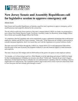 New Jersey Senate and Assembly Republicans Call for Legislative Session to Approve Emergency Aid