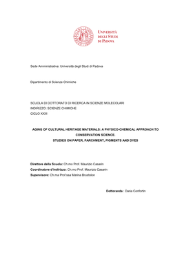 Sede Amministrativa: Università Degli Studi Di Padova Dipartimento Di Scienze Chimiche SCUOLA DI DOTTORATO DI RICERCA in SCIENZ