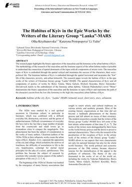 The Habitus of Kyiv in the Epic Works by the Writers of the Literary Group “Lanka”-MARS Olha Kryzhanovska1,* Kateryna Protopopova2 Li Yalin3